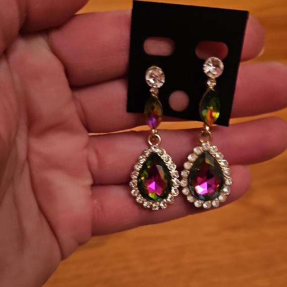 Multicolor Teardrop Earrings Grean, purple pink, Yellow, Gold Backing - Picture 2 of 4